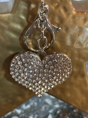 🤍 Rhinestone Heart Keychain Sparkly Crystal Bling Bag Charm Silver Tone